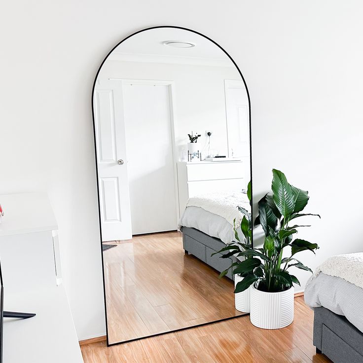 Large floor mirror in a room with a plant and bed.